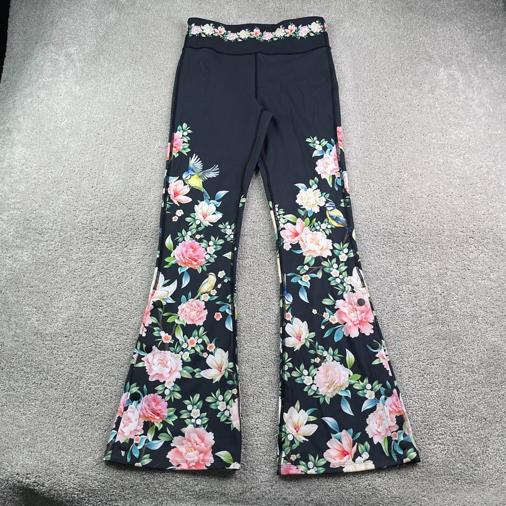 Johnny Was Leggings Womens Medium Black Floral Birdie Bee Active Flare Snap Hem